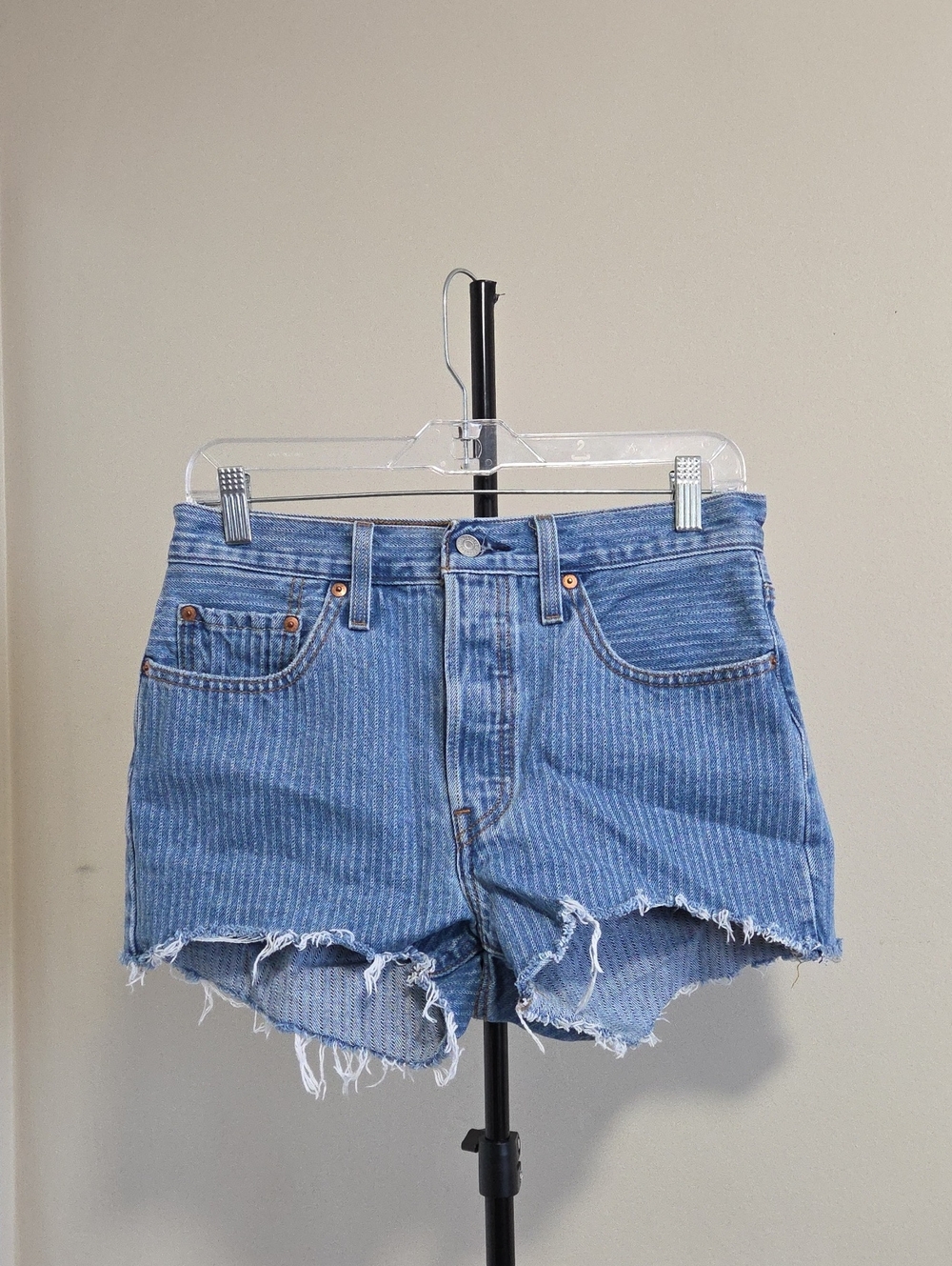 Levi's Light Blue Striped Frayed Hem Denim Shorts